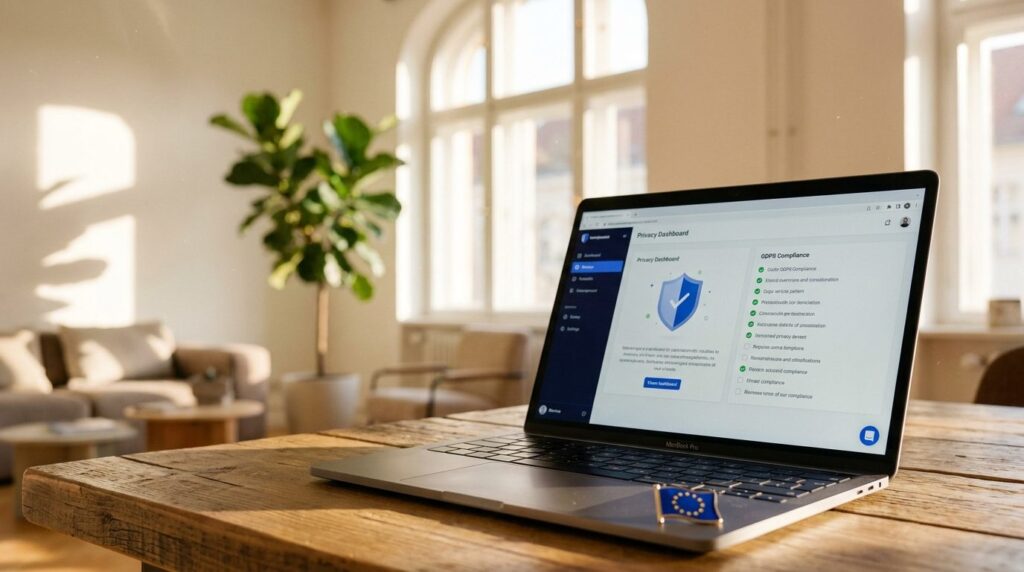 Claude Cowork DSGVO-konform einsetzen: MacBook mit Privacy-Dashboard und Schildsymbol auf einem Holzschreibtisch in einem hellen Altbau-Büro