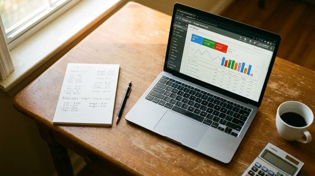Google Ads Budget planen: Flat-Lay eines Schreibtischs mit Laptop, Google Ads Dashboard, Notizblock mit Budgetberechnungen und Kaffeetasse im warmen Tageslicht