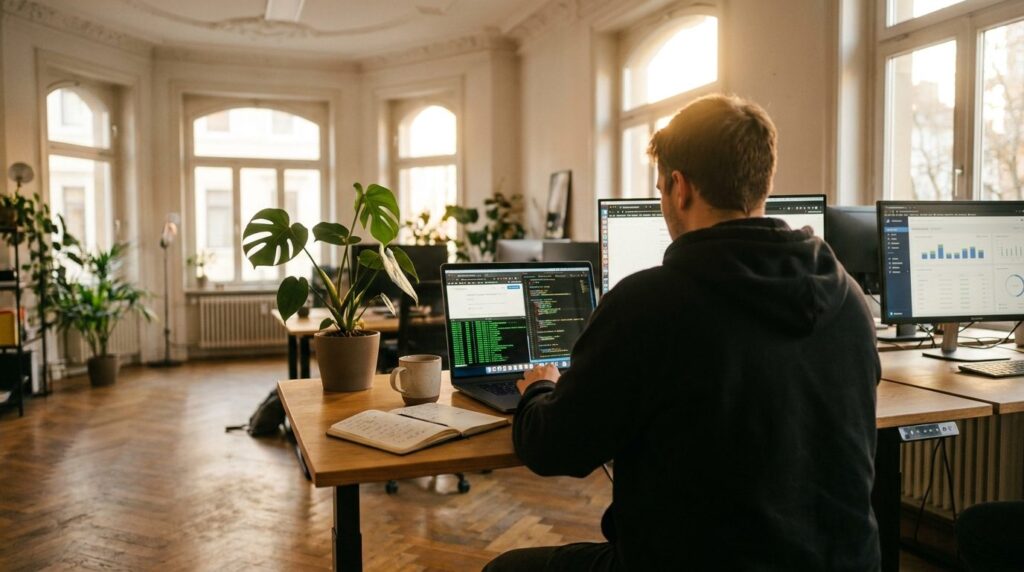 KI-Agenten im Marketing: Person arbeitet an einem Standing Desk mit Dual-Monitor-Setup und Code-Editor in einem hellen Altbau-Büro