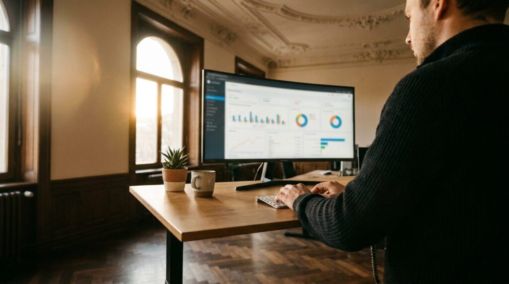 Person arbeitet am Schreibtisch mit Google Ads Dashboard auf dem Monitor - AI Max Google Ads Kampagnenoptimierung in einer Stuttgarter Agentur