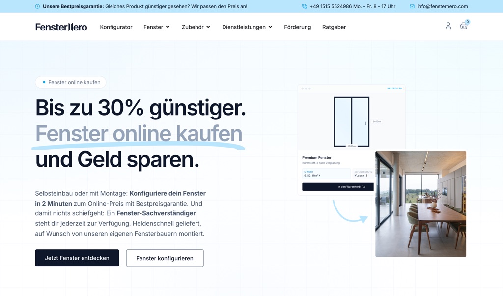 Fenster Hero – Onlineshop mit Fenster-Konfigurator