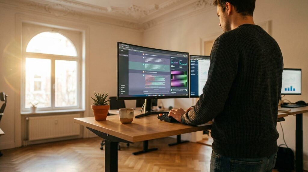 Person arbeitet an einem Standing Desk mit KI-Tools auf dem Monitor in einem Stuttgarter Altbaubüro - KI im Mittelstand