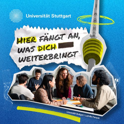 Meta-Carousel der Uni-Stuttgart-Kampagne — „Hier fängt an, was dich weiterbringt“ mit Fernsehturm-Collage