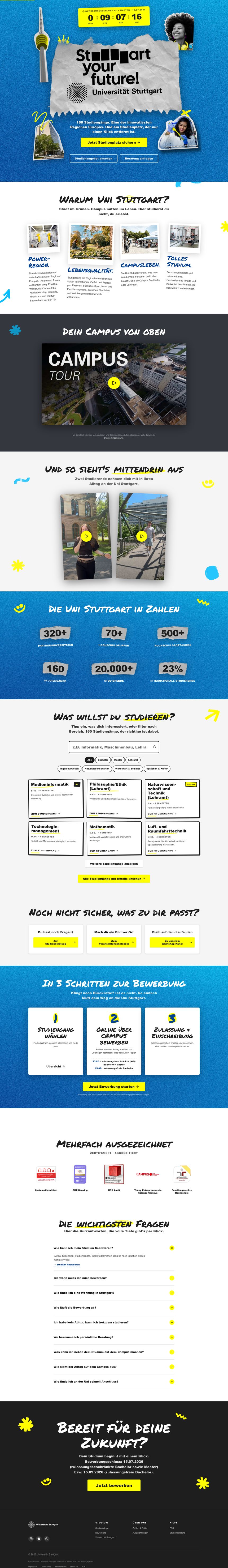 Die komplette Kampagnen-Landingpage der Universität Stuttgart im Scroll-Durchlauf: Hero, Studiengang-Suche, Zahlen, Bewerbungs-Schritte, FAQ und finale CTA