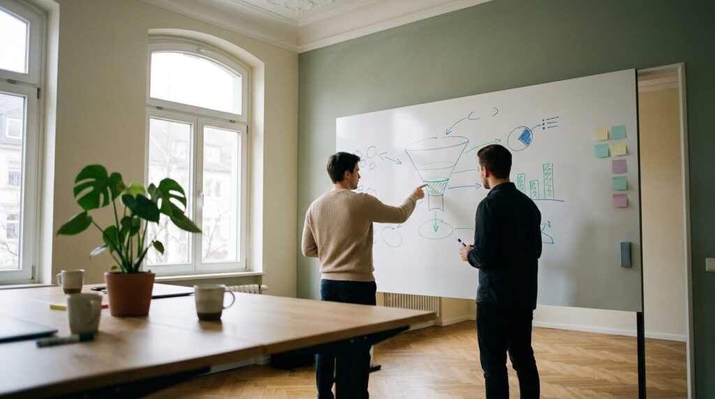 Conversion Rate Optimierung – Team skizziert Conversion-Funnel am Whiteboard im Agentur-Büro