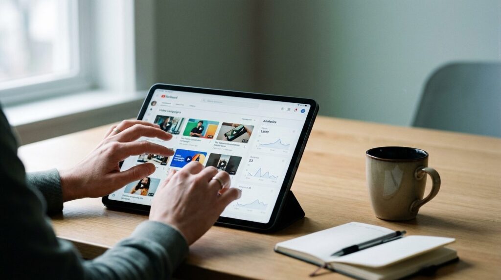 Hände bedienen ein Tablet mit Video-Kampagnen-Thumbnails – Google Ads Demand Gen Kampagne planen