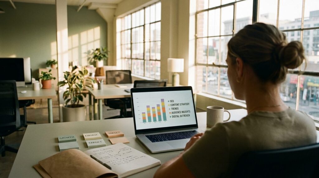 Keyword-Recherche durchführen: SEO-Strategiearbeit am Laptop mit Notizbuch in hellem Agentur-Loft