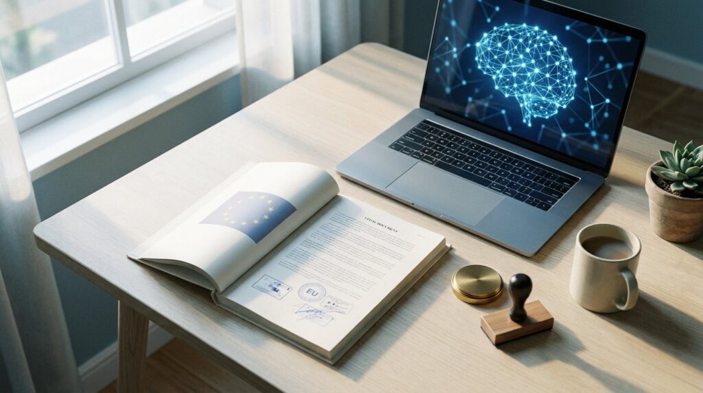 KI-Inhalte kennzeichnen nach EU AI Act: Laptop mit KI-Visualisierung neben Gesetzdokument und Stempel auf Schreibtisch