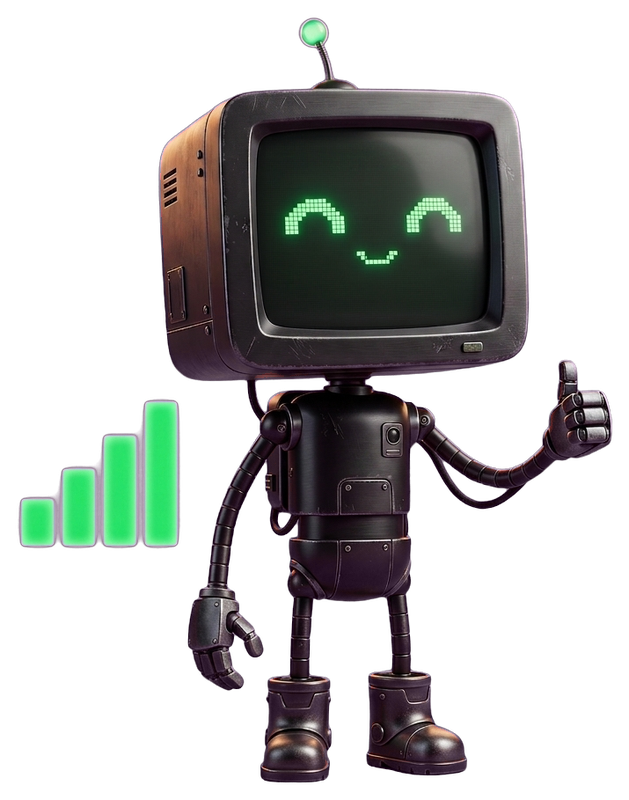 Pixel, der Ostend Academy Roboter, neben einem steigenden Ranking-Diagramm