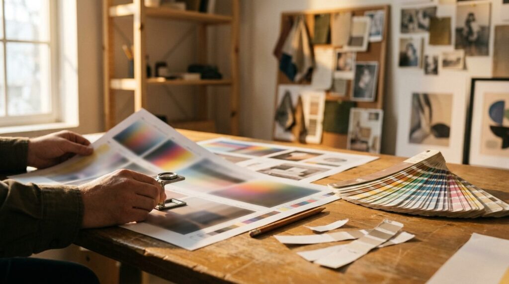 Qualitätsfaktor Google Ads – Qualitätsprüfung von Farbproofs mit Fadenzähler-Lupe im Agentur-Atelier