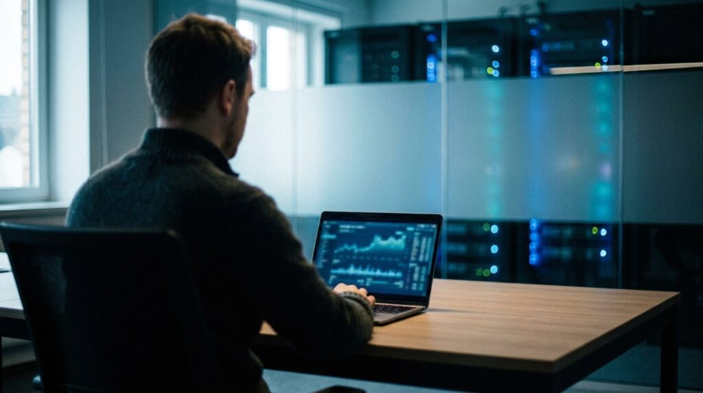 Server-Side Tracking Dashboard mit Analytics-Daten auf einem Laptop in einem modernen Büro mit Server-LEDs im Hintergrund