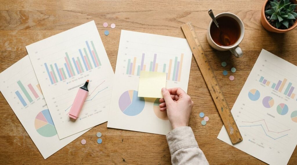 Social Media Nutzerzahlen 2026 – Statistik-Auswertung mit gedruckten Diagrammen auf dem Schreibtisch