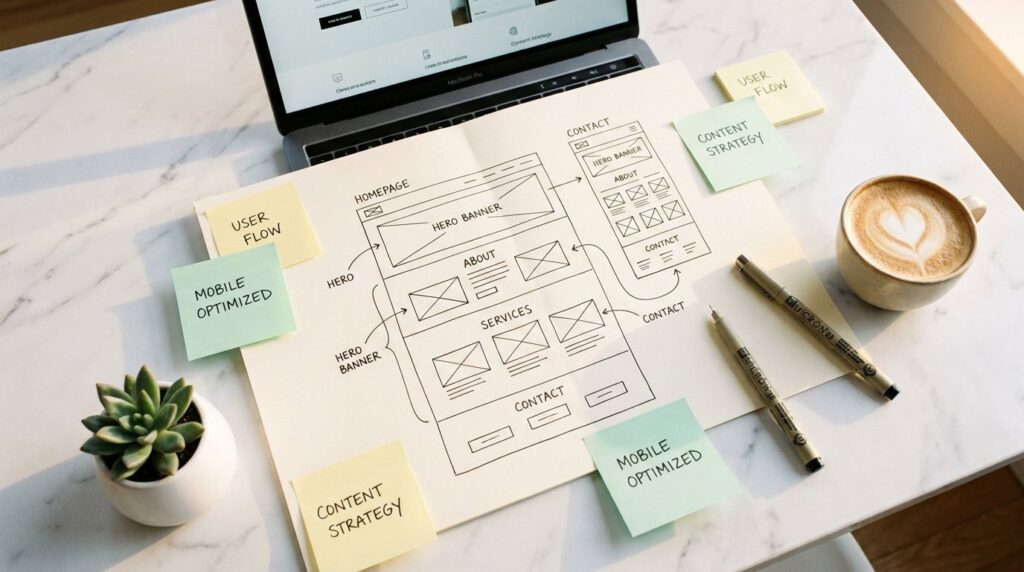 Website Relaunch Planung: Flat-Lay mit Wireframe-Sketch, Sticky Notes und Laptop auf Marmor-Schreibtisch