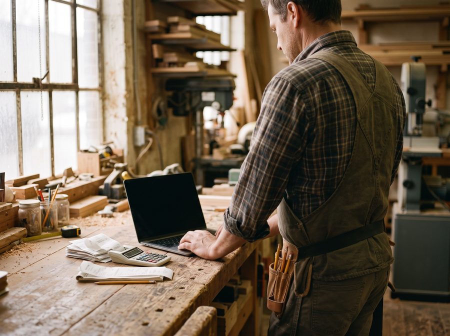 Werkstattinhaber plant sein Google-Ads-Budget am Laptop