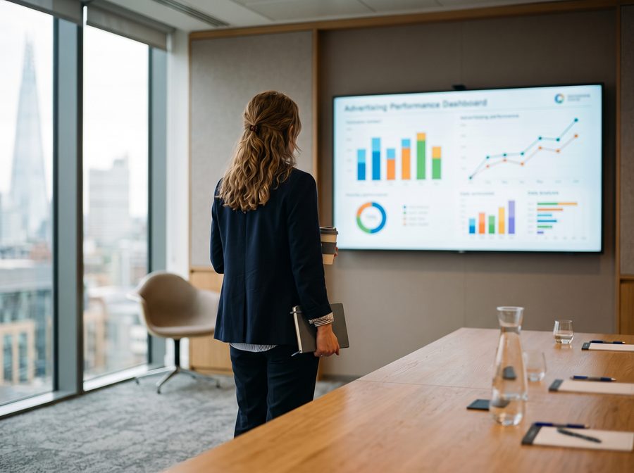 Marketing-Verantwortliche bewertet Kampagnen-Dashboard im Meetingraum