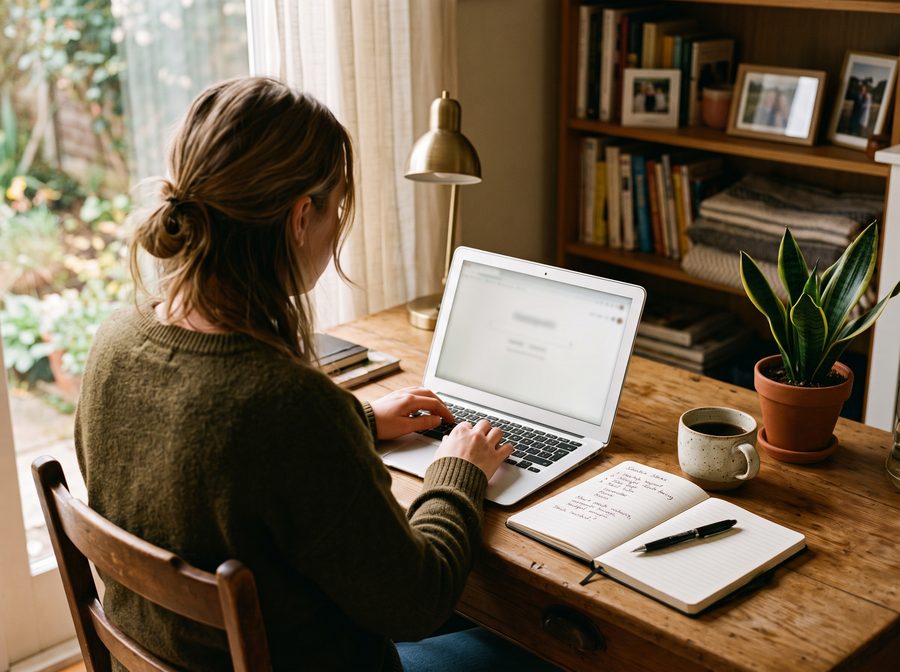Einsteiger recherchiert Suchanfragen am Laptop im Homeoffice