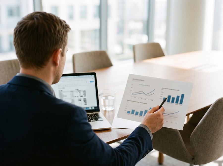Marketing-Verantwortlicher prüft SEO-Report mit Ranking-Charts
