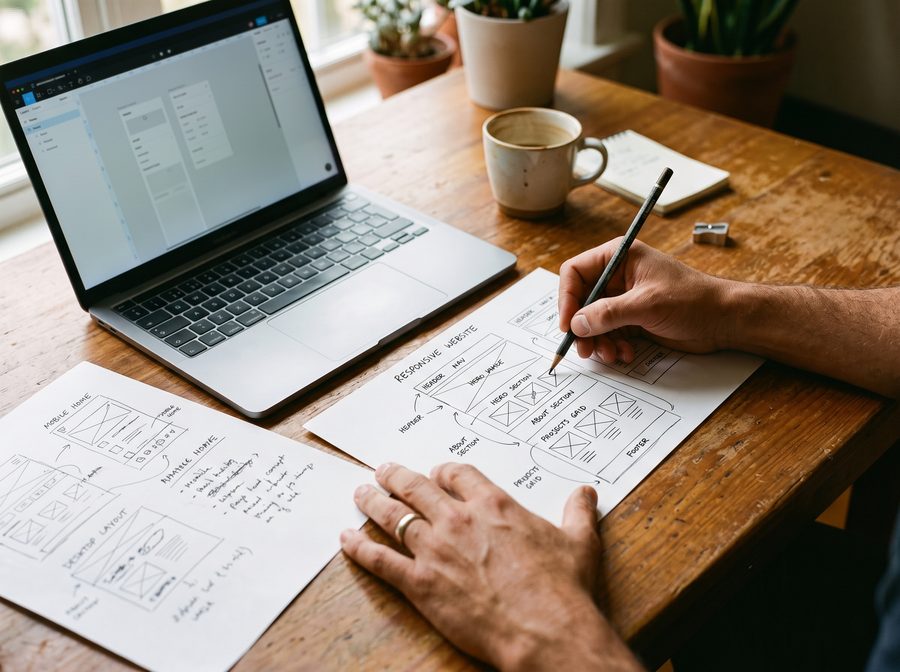 Hände skizzieren Website-Wireframes mit Bleistift neben dem Laptop