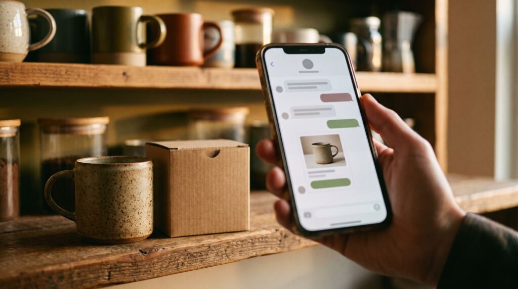 Agentic Commerce: KI-Chat auf dem Smartphone schlägt eine Keramiktasse vor, die im Laden versandbereit neben dem Karton steht