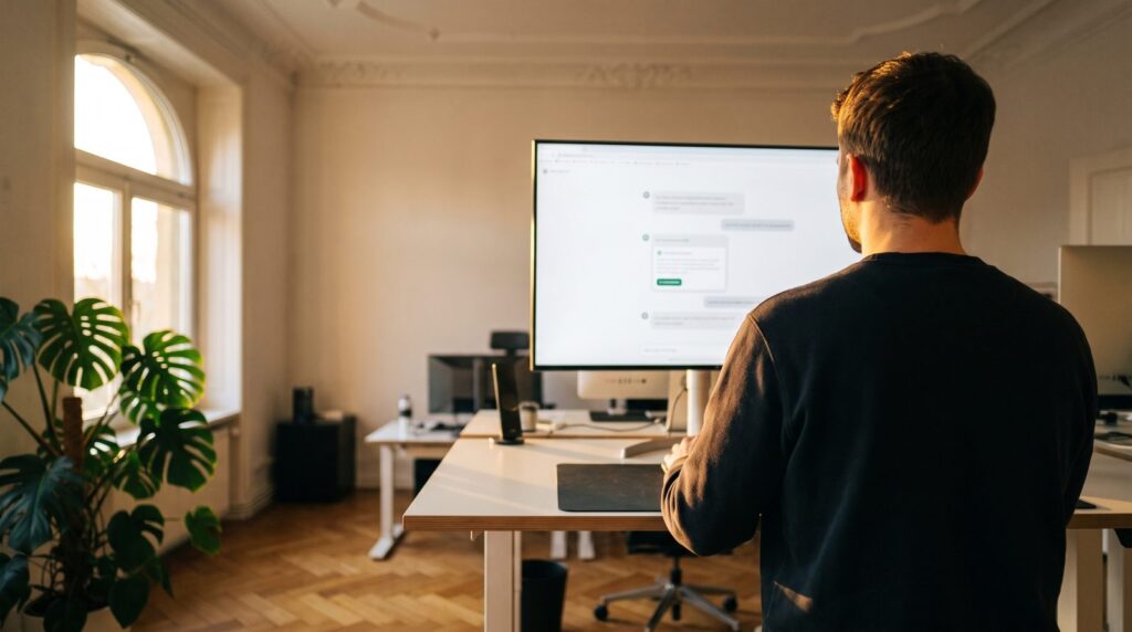 ChatGPT Ads in Deutschland: Marketer im Stuttgarter Altbau-Büro vor einem Chat-Interface mit gesponserter Anzeigenkarte, Ostend Digital