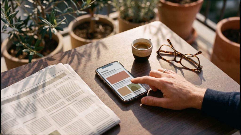Google Discover auf dem Smartphone: Feed mit großen Bildkarten neben einer gedruckten Zeitung