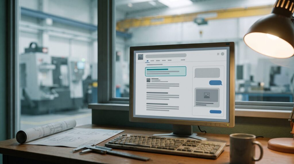 Microsoft Ads 2026: Suchanzeige und Anzeige im KI-Chat auf dem Büro-Monitor eines Maschinenbau-Betriebs