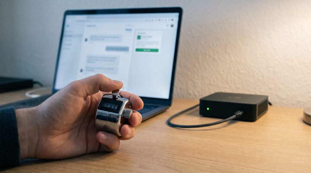 Hand drückt einen Handzähler vor einem Laptop mit ChatGPT-Anzeige, daneben ein Server: OpenAI Pixel und Conversions API zählen Conversions