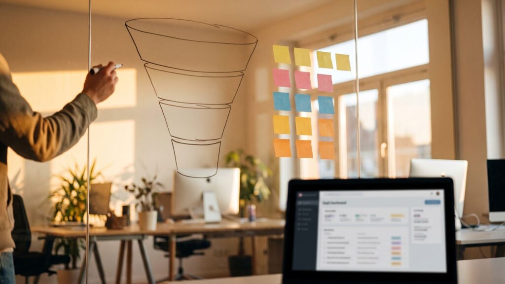 SaaS Marketing im B2B: Hand zeichnet einen Sales-Funnel an eine Glaswand, daneben Pipeline-Spalten aus Haftnotizen