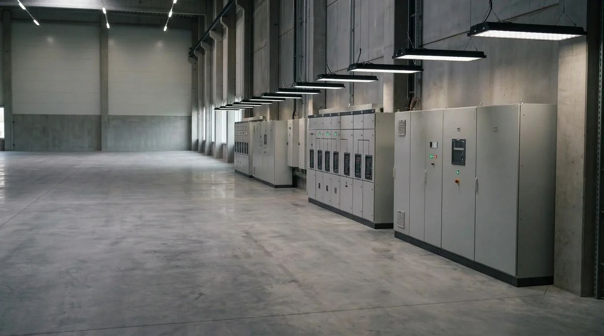 Industrie-Seite: beleuchtete Halle als Endbild