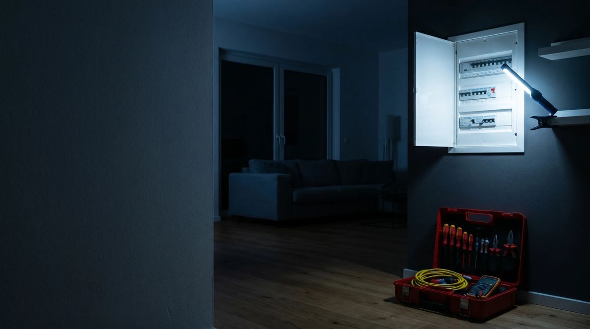 Notdienst-Seite: Stromausfall mit Arbeitsleuchte als Startbild