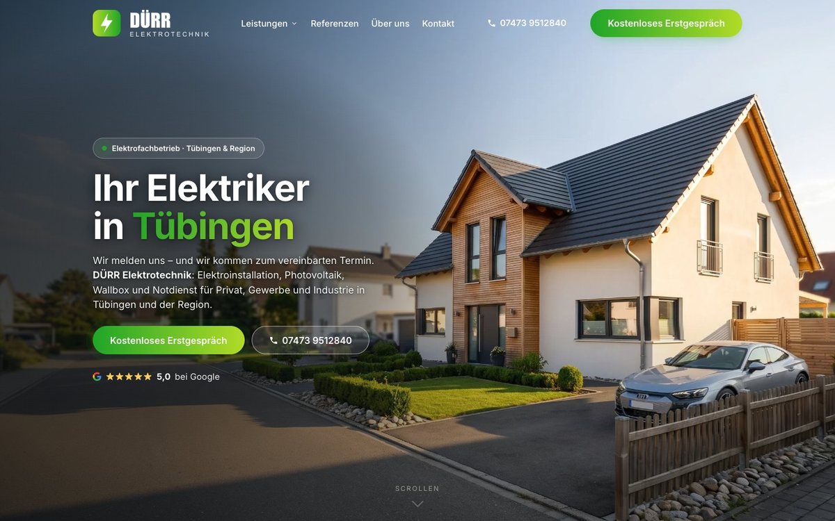 Startseite von Dürr Elektrotechnik: Hero mit Haus, Photovoltaik und Wallbox