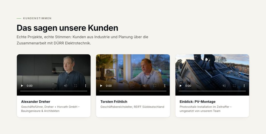 Kundenstimmen-Sektion mit zwei Video-Testimonials und einem PV-Zeitraffer