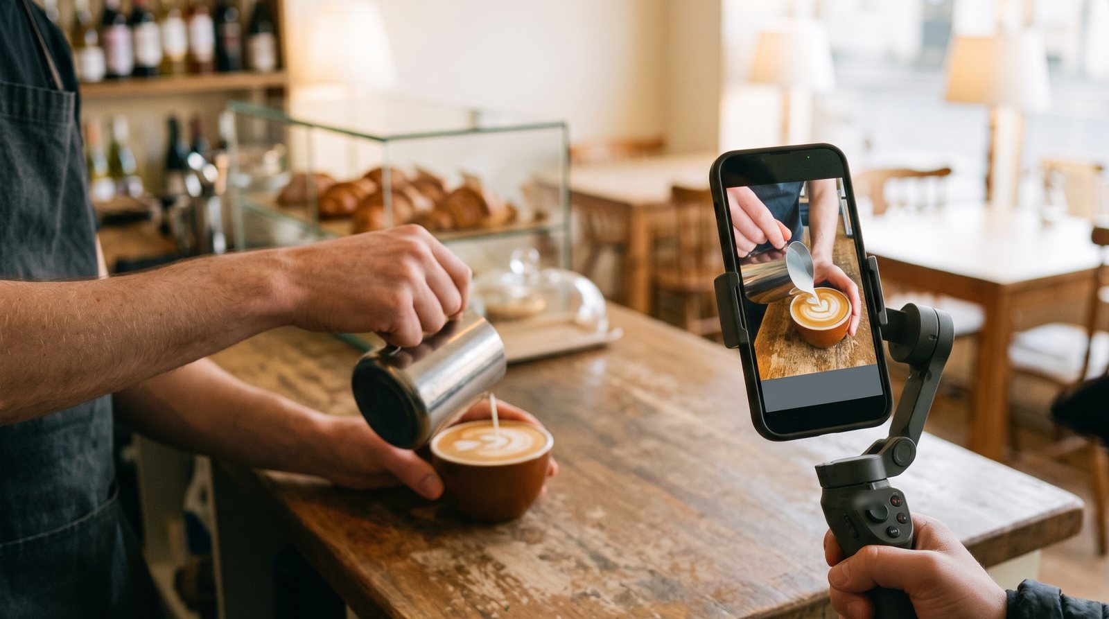 Content, Reels und Instagram-Strategie für Gastronomie: Smartphone auf Gimbal filmt Latte Art an einer Café-Theke