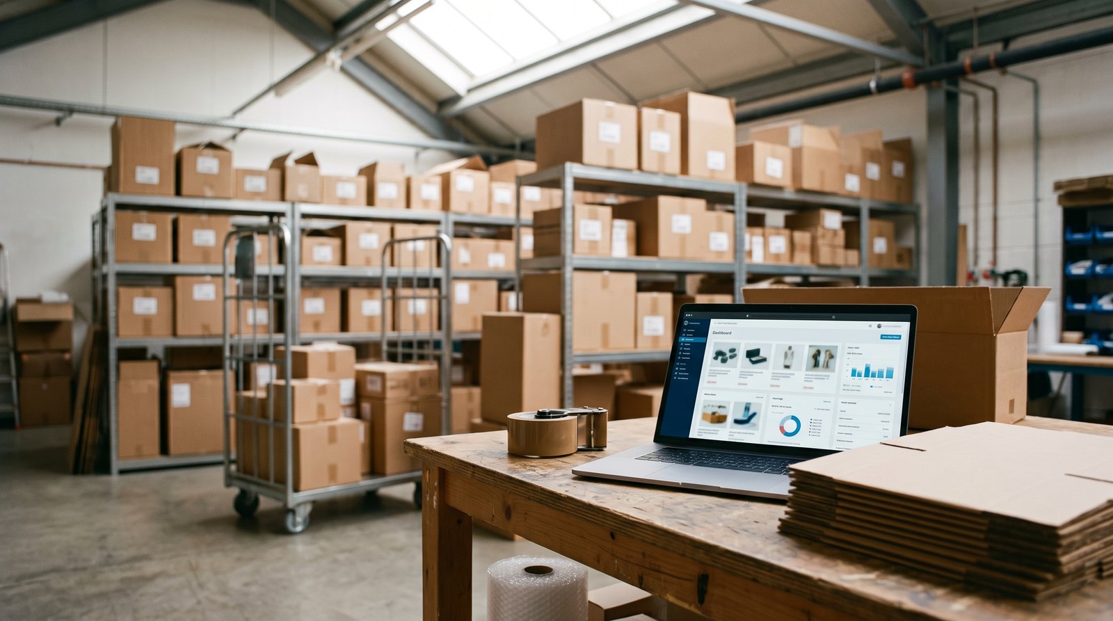 Google Shopping und Google Ads für den Onlineshop: Produkt-Dashboard auf dem Laptop im Versandlager