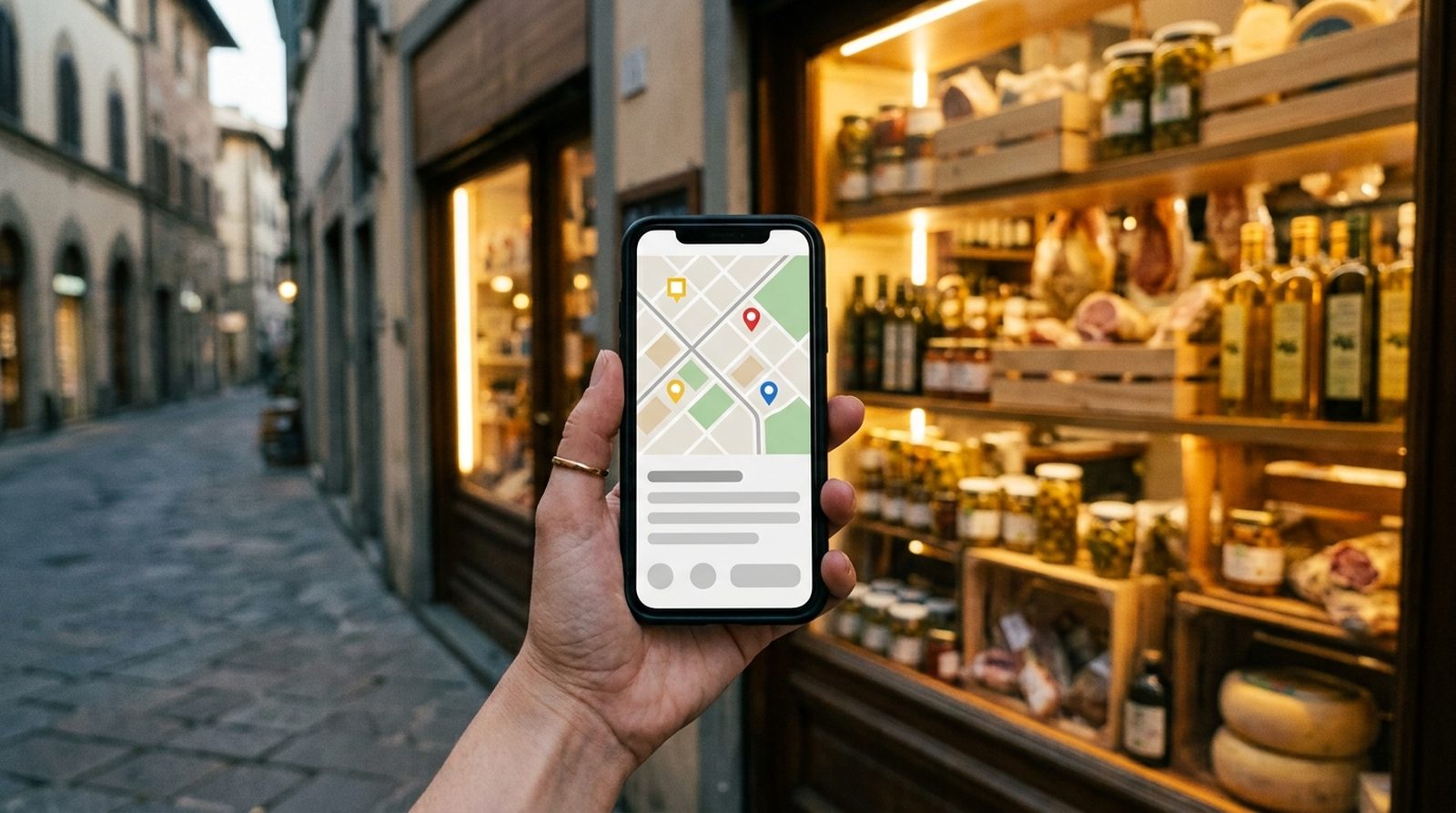 Lokales SEO für Einzelhandel: Smartphone mit Karte und Standort-Pins vor dem Schaufenster eines Feinkostladens