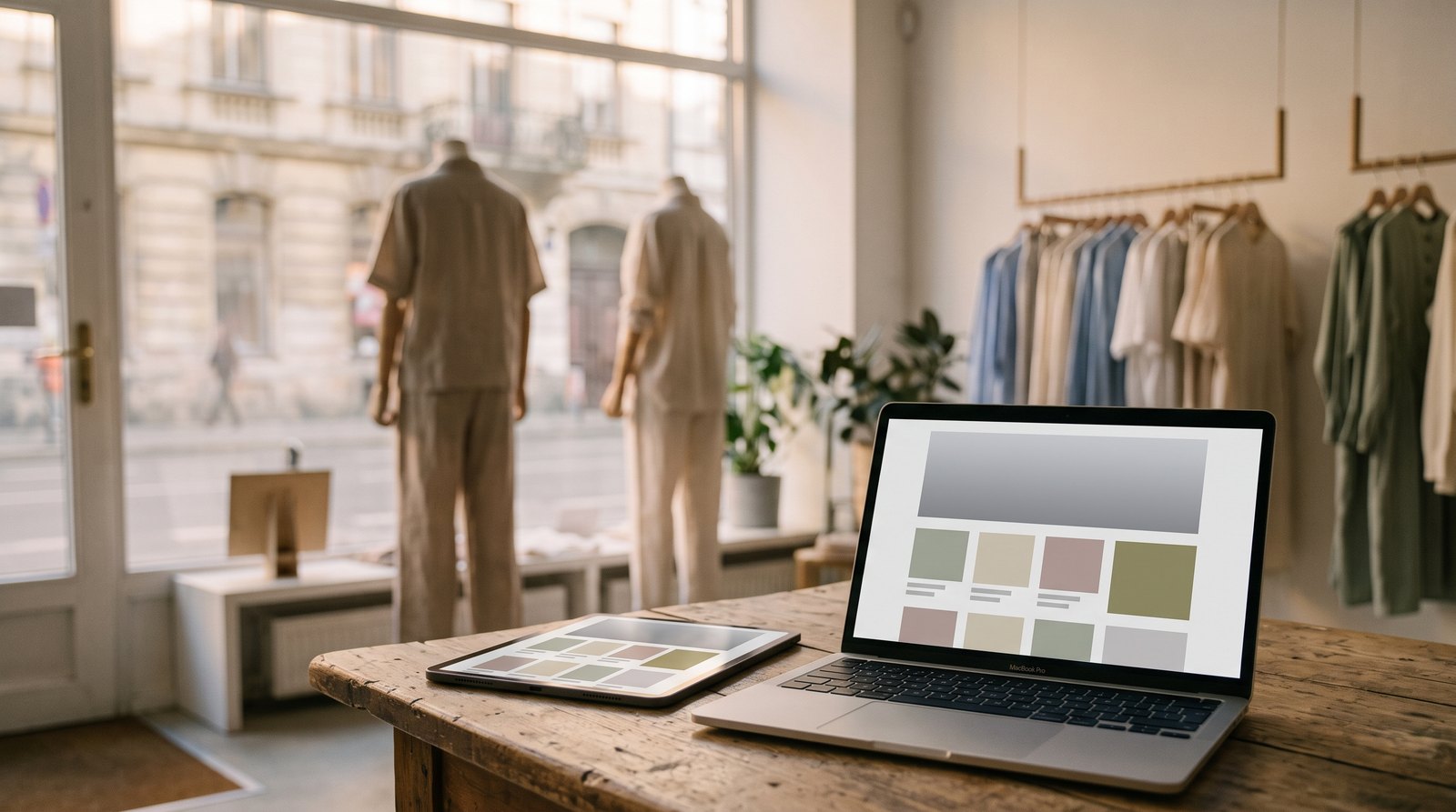 Onlineshop und Website mit Click und Collect: Shop-Layout auf Laptop und Tablet vor dem Schaufenster