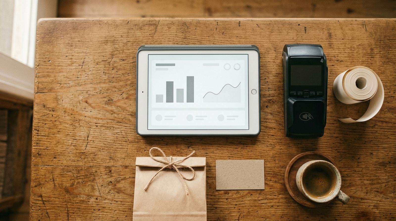 Tracking für Einzelhandel: Tablet mit Auswertung neben Kartenterminal, Click-and-Collect-Tüte und Gutscheinkarte auf der Ladentheke