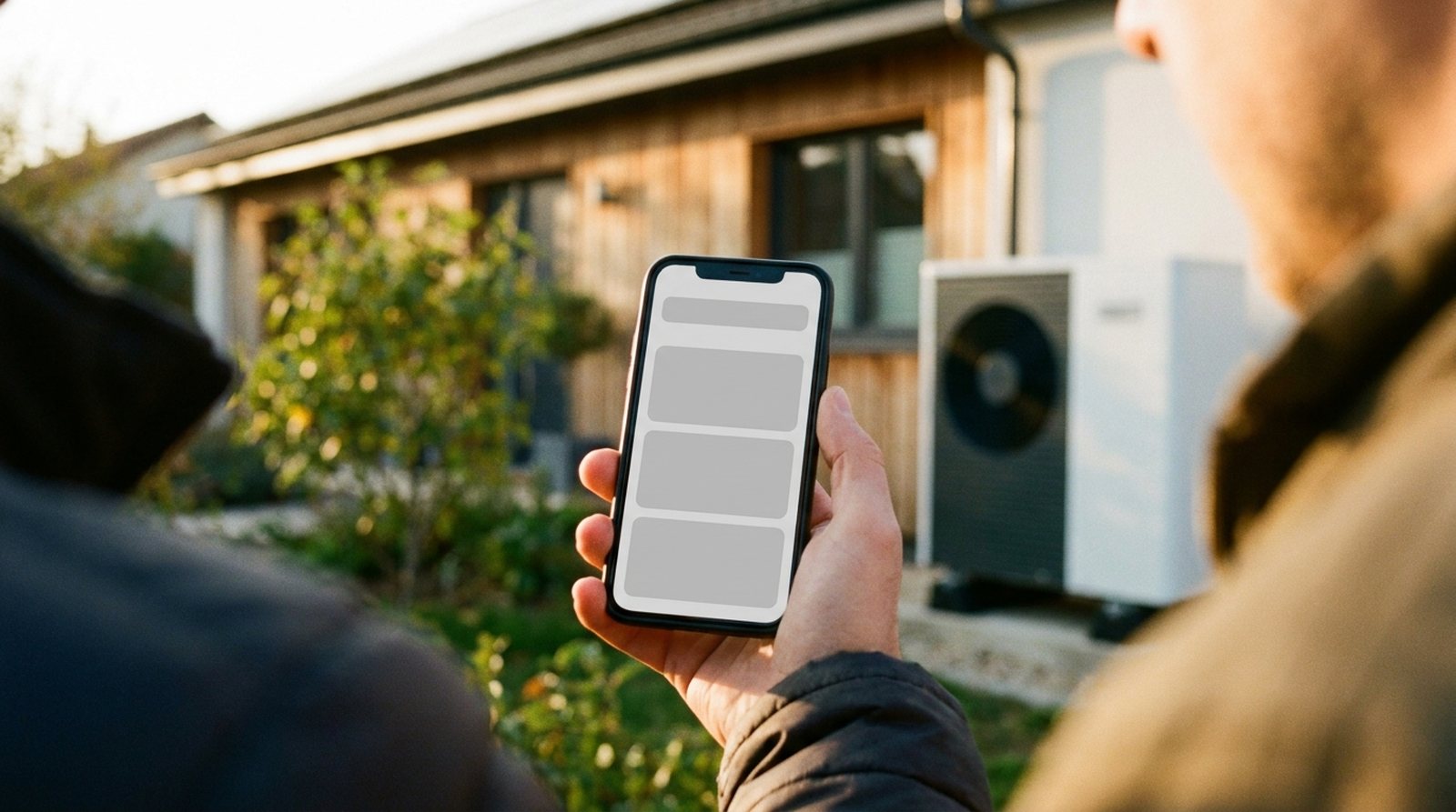 Google Ads für Sanierungssuchen: Smartphone-Suche vor einem Haus mit Wärmepumpe