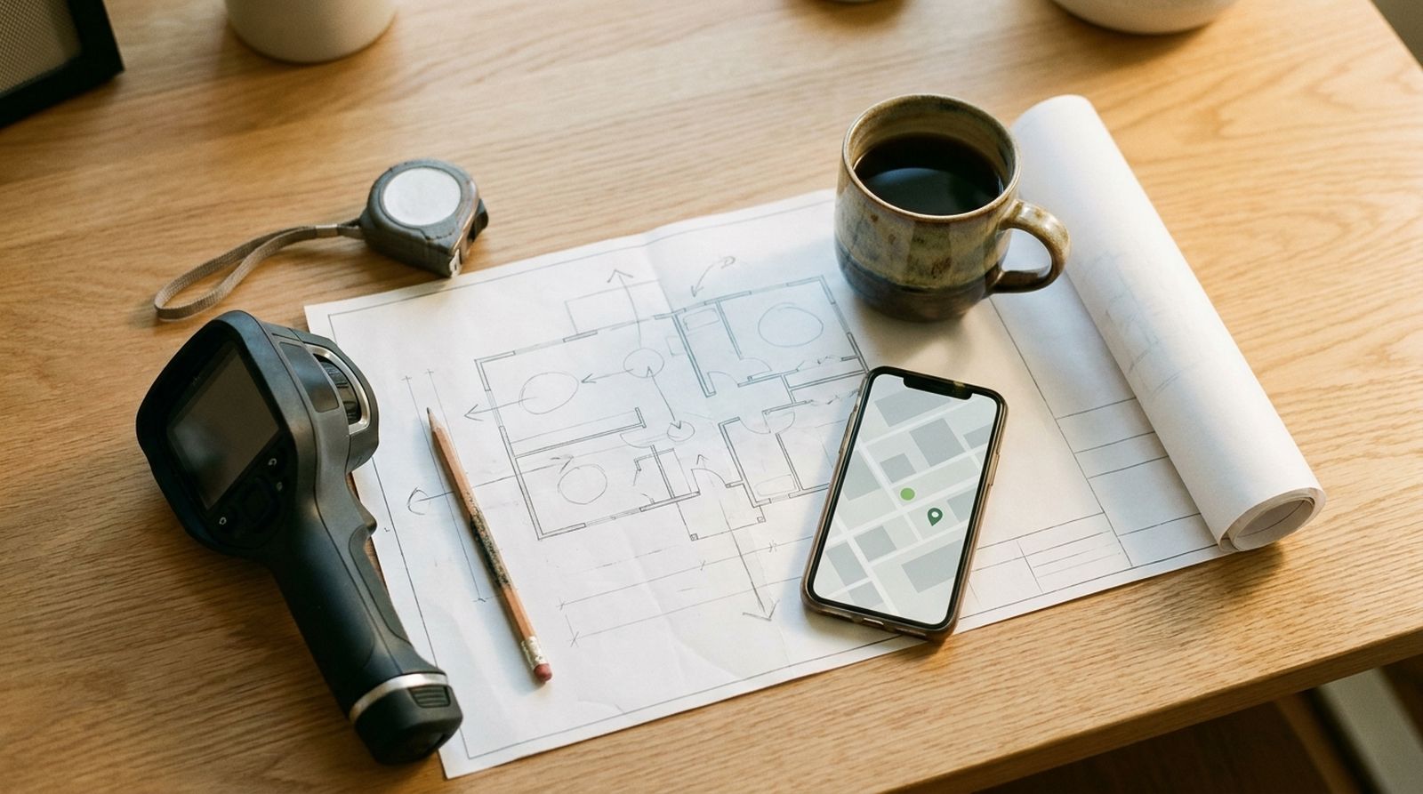 SEO für Energieberater: Wärmebildkamera, Grundriss und Smartphone mit Karten-Pin auf dem Schreibtisch