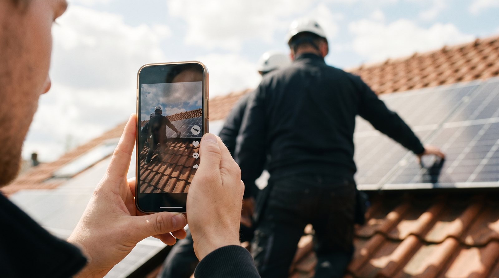 Social Ads und Fachkräfte-Recruiting: Smartphone filmt PV-Monteure auf dem Dach