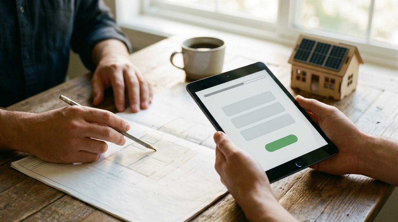 Website mit Förder-Check: Beratungsgespräch über Bauplänen mit Tablet-Anfrageformular