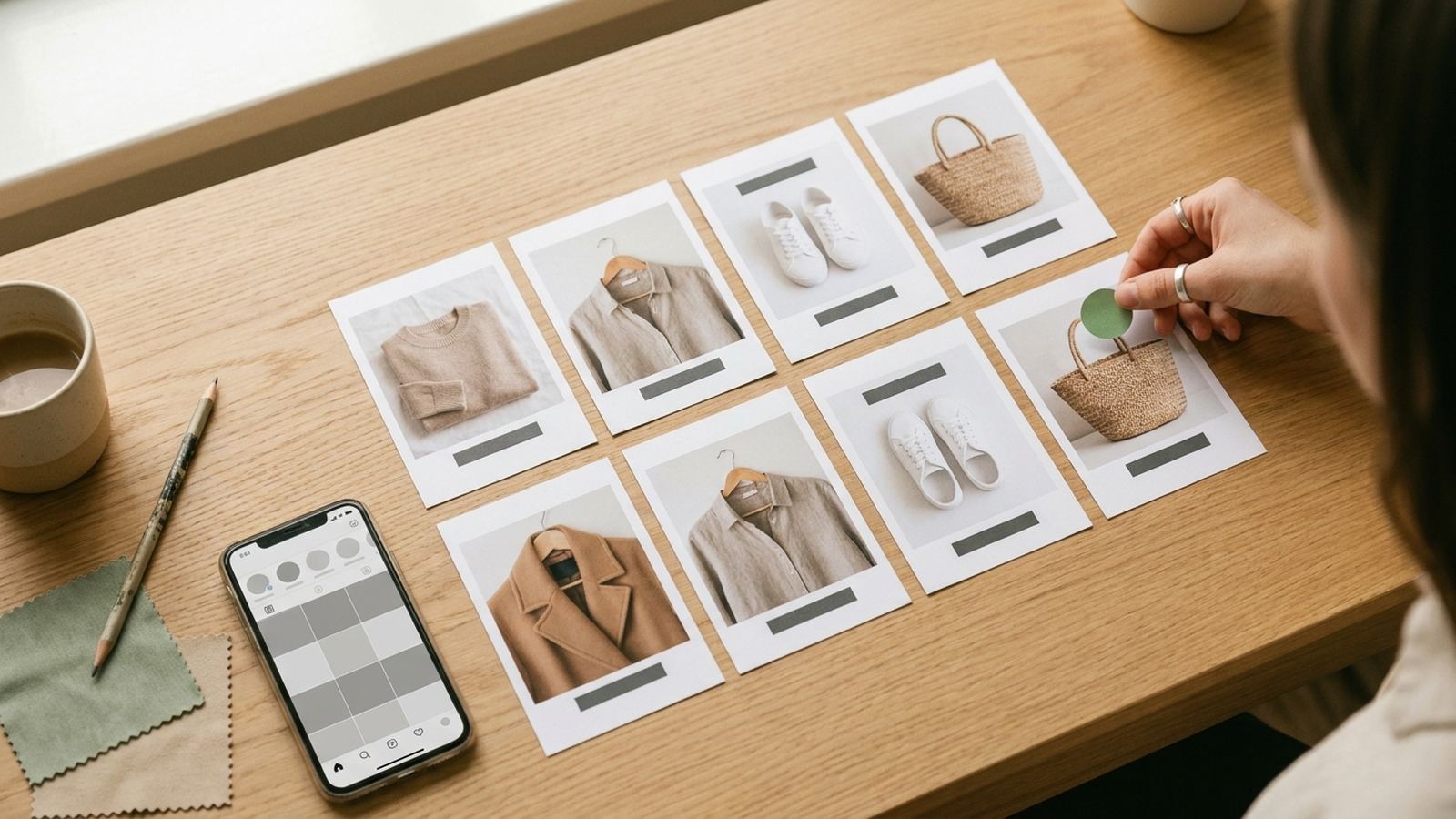 Creative-Testing für Meta und Instagram Ads: Anzeigenvarianten einer Modemarke auf dem Studiotisch