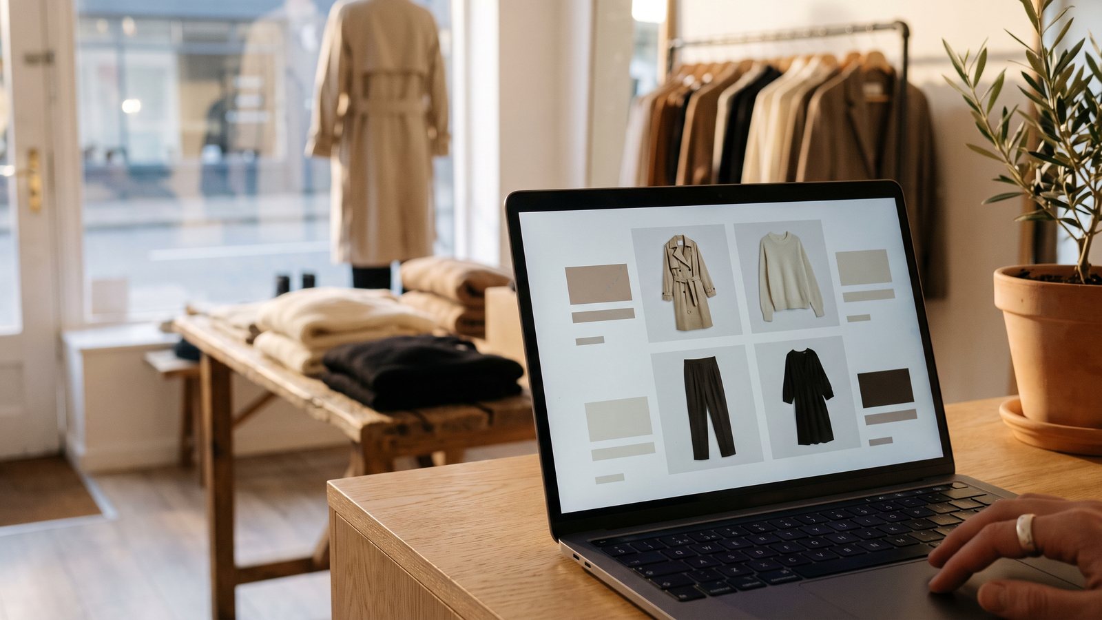 Shopify-Shop für Modemarken: Produktübersicht mit Mantel, Pullover und Kleid auf dem Laptop