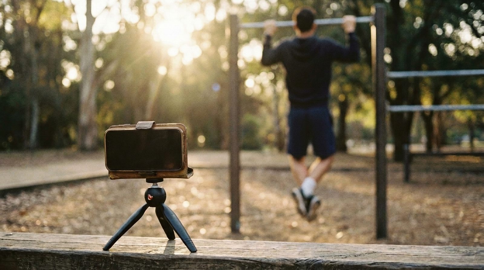 Content und Reels für Fitness-Marken: Smartphone auf Stativ filmt einen Klimmzug