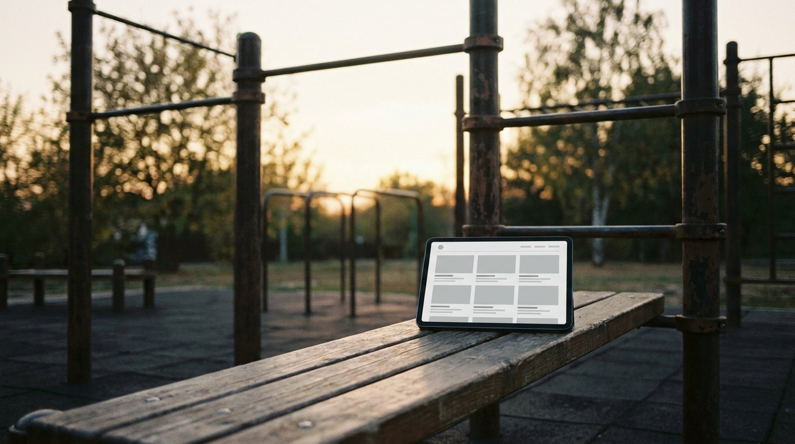 Website und Onlineshop für Sportgeräte: Tablet mit Produktübersicht in einem Calisthenics-Park