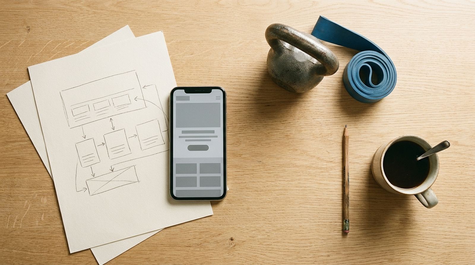 Zielseite und Anzeigen für Online-Coaching: Wireframe-Skizzen, Smartphone und Kettlebell