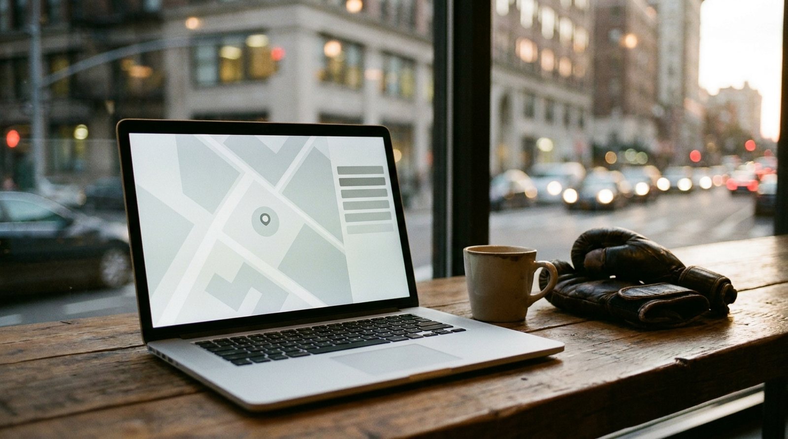 Google Ads und lokales SEO für Fitnessstudios: Laptop mit Kartenansicht und Standort-Pin