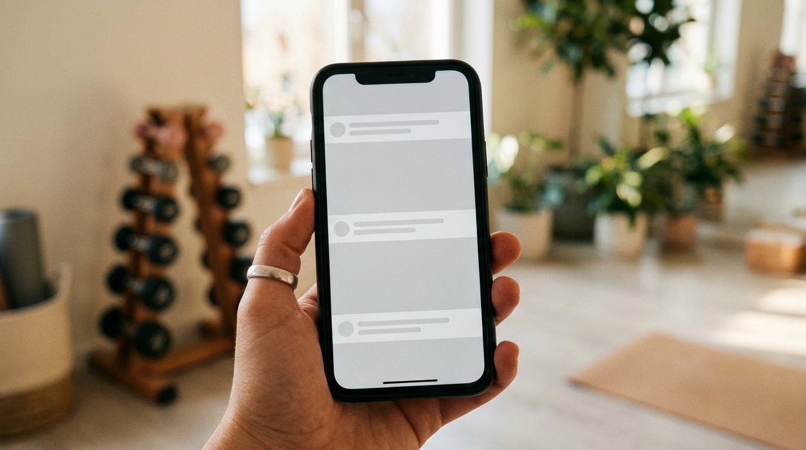 Meta und Instagram Ads für Probetrainings: Smartphone mit Social-Media-Feed in einem Fitnessstudio