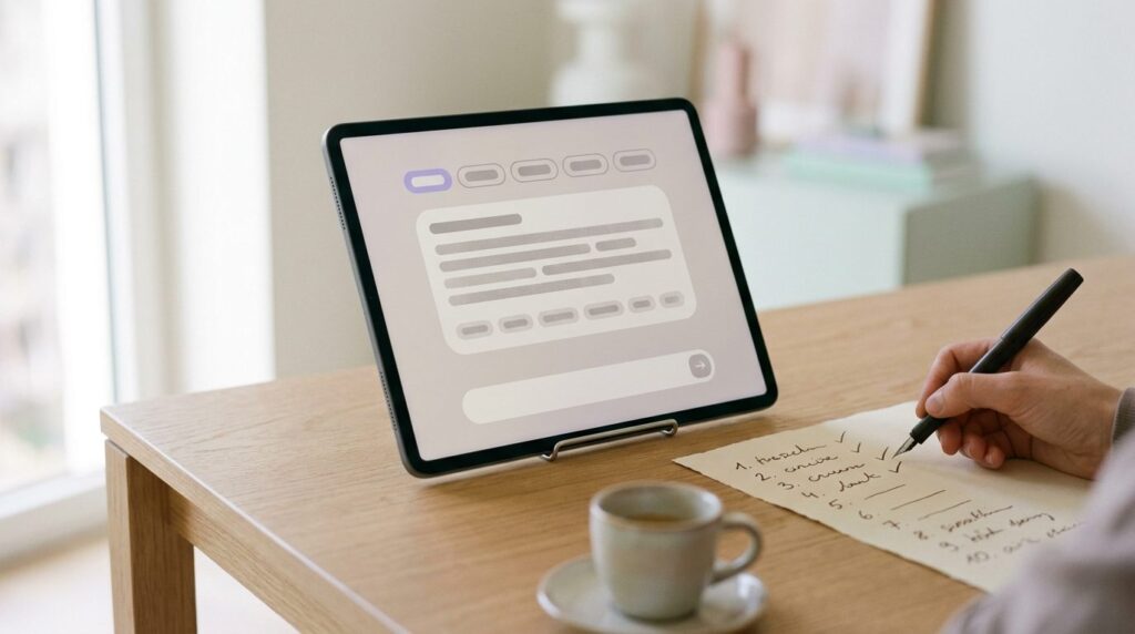 Tablet zeigt den Google KI-Modus mit KI-Antwort und Quellenhinweisen, daneben eine handgeschriebene Liste mit zehn Kundenfragen, teils abgehakt