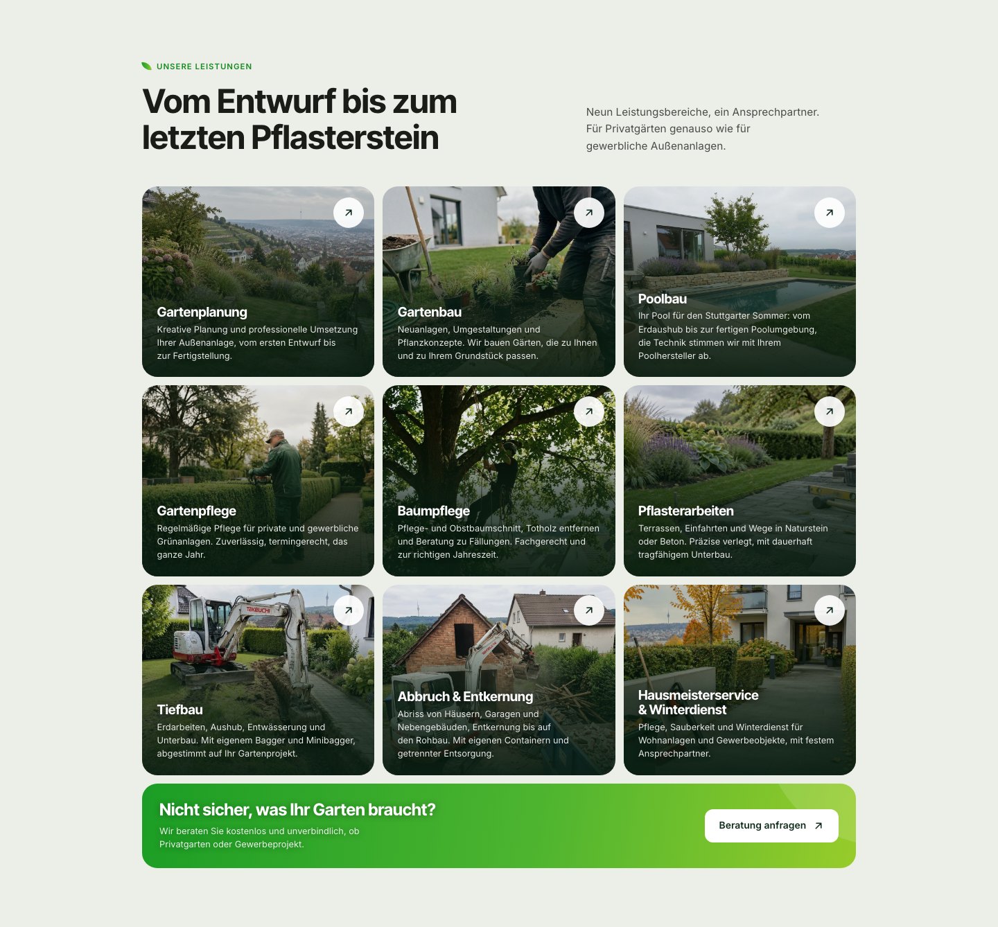 Leistungsübersicht von Greenox GaLaBau mit neun Leistungen